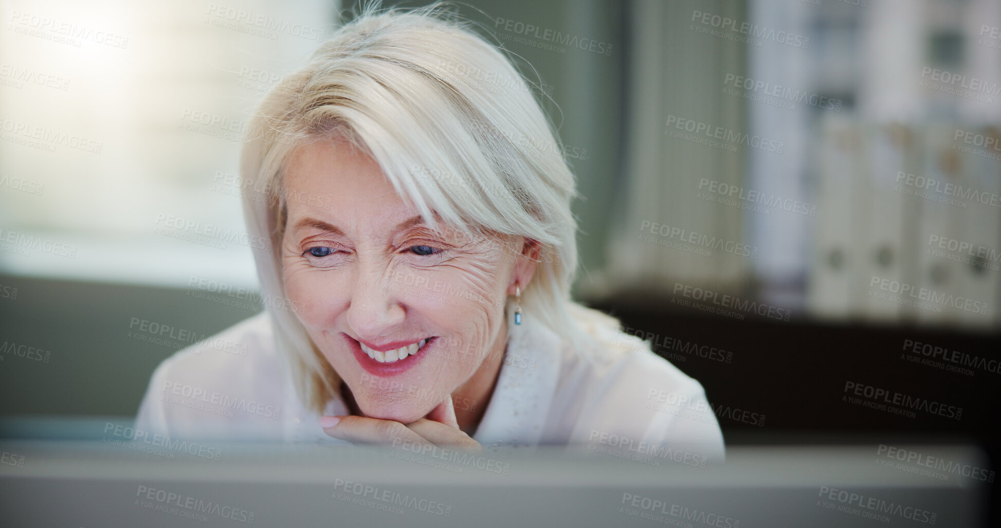 Buy stock photo Thinking, computer and mature business woman with insight, planning and reflection with opportunity. Smile, thoughts and manager reading online with idea, inspiration and problem solving in office