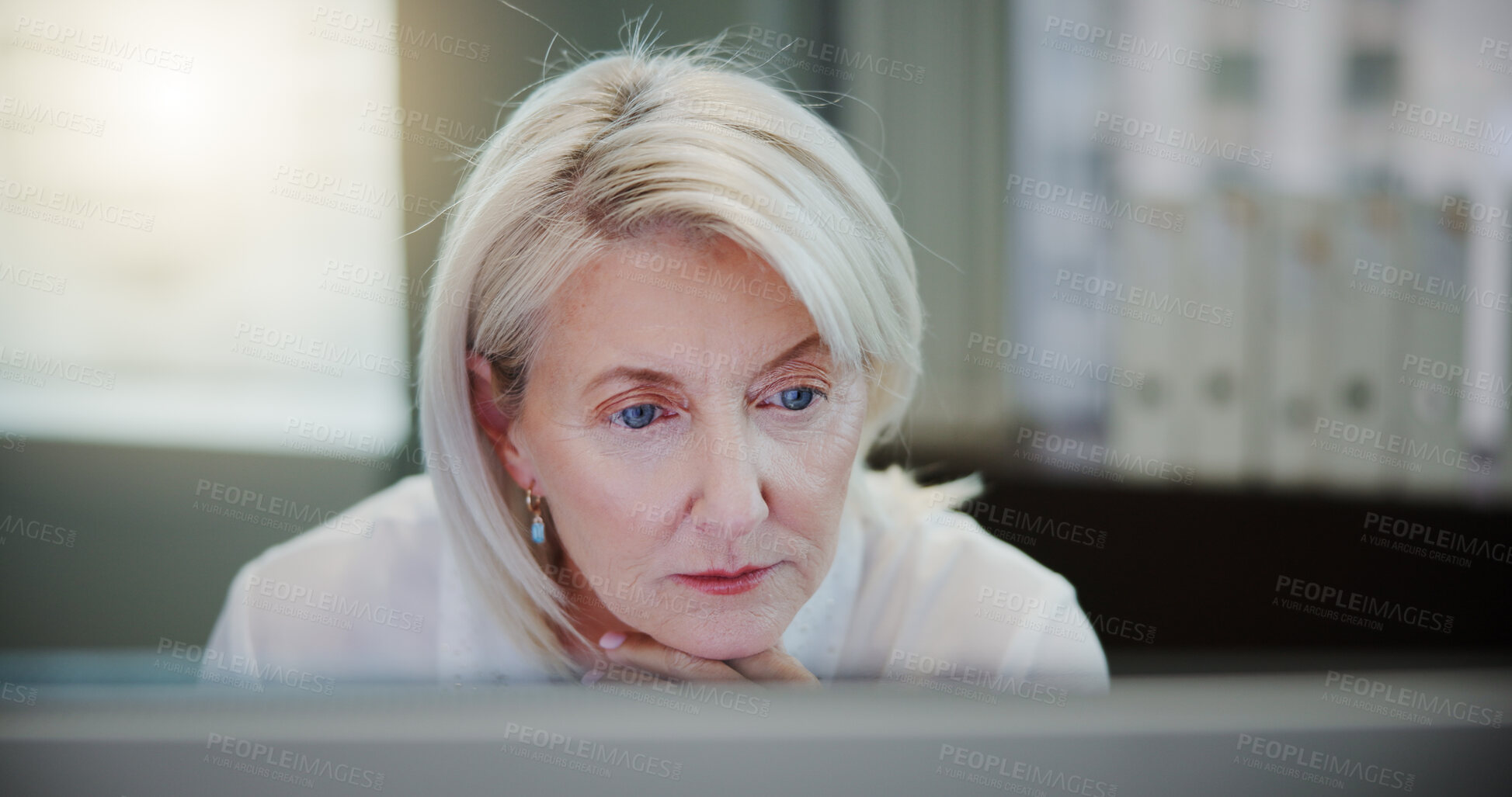 Buy stock photo Computer, online and reading with business woman in office for client invoice, account payroll and digital report. Feedback, finance broker and capital profit with mature person for planning