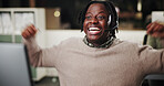 Success, computer or excited agent in customer service for bonus prize, online solution or good news. Achievement, wow or happy African consultant in night with smile, call center win or sales goal