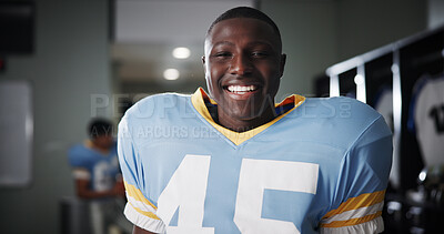 Buy stock photo Man, football player or portrait in locker room with smile, gear or ready for tournament. National sport, fitness or happy athlete in cloakroom with confidence, game preparation or competition in USA