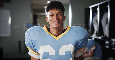 Buy stock photo Man, football player and happy in locker room for portrait, gear and confident for tournament. National sport, fitness and athlete in cloakroom with smile, game pride and competition in USA.