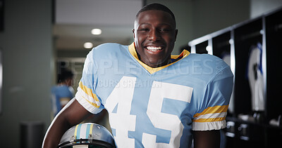 Buy stock photo Black man, football player or portrait in locker room with smile, gear or confident for tournament. National sport, fitness or athlete in cloakroom with pride, game preparation or competition in USA