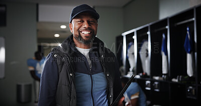 Buy stock photo Portrait, coach and man in locker room, smile and pride with confidence, competition and tablet. Face, happy person and trainer for American football, technology and sports facilitator with fitness 