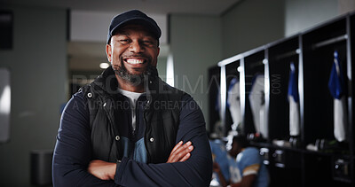 Buy stock photo Black man, portrait and coach for sports with smile in locker room, confident for football match or tournament. Happy, pride and personal trainer with exercise, training and arms crossed in Chicago