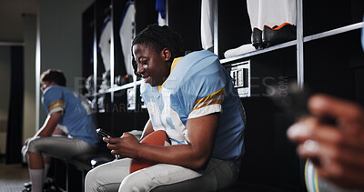 Buy stock photo Football, phone and smile with man in locker room for rookie drafting, pro league research and contact. Game score update, team roster with person for connection, training schedule and player stats