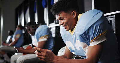 Buy stock photo Football, phone and happy with man in locker room for rookie drafting, pro league research and contact. Game score update, team roster with person for connection, training schedule and player stats