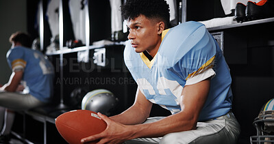 Buy stock photo Thinking, man and football player in locker room for preparation, sports match and game plan. Male athlete, waiting and half time for competition strategy, fitness challenge and choice for tournament