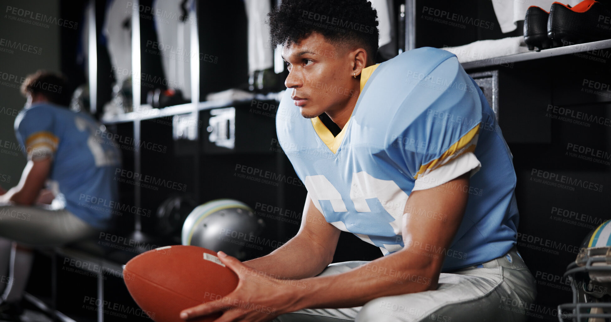 Buy stock photo Thinking, man and football player in locker room for preparation, sports match and game plan. Male athlete, waiting and half time for competition strategy, fitness challenge and choice for tournament