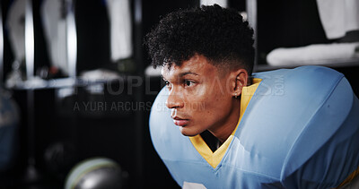 Buy stock photo Thinking, man and player for football in locker room of match ideas, game plan and event half time. Athlete, male person and getting ready with thoughts, sports tournament and competition preparation