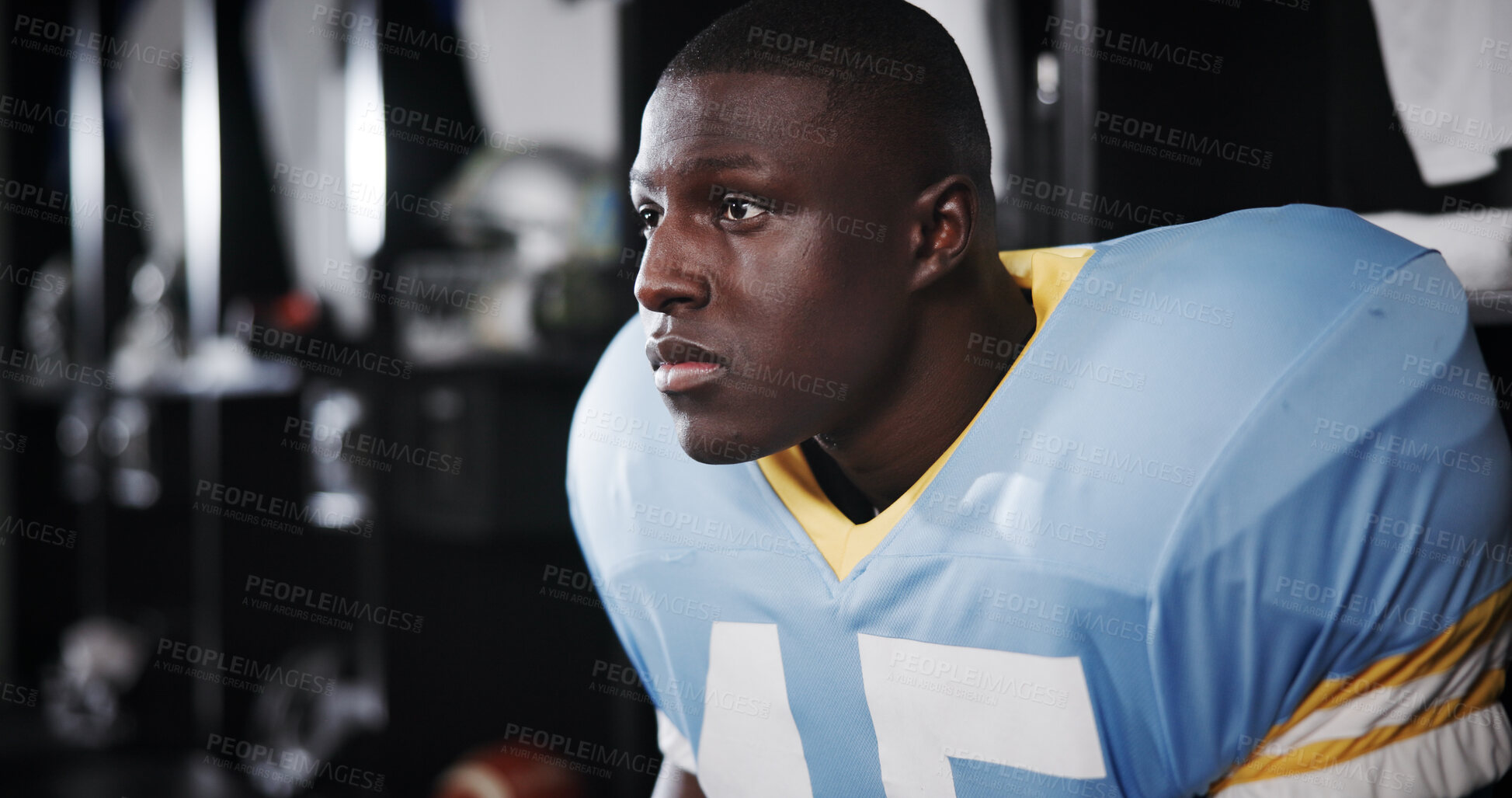 Buy stock photo Thinking, black man and player for football in locker room of match ideas, game plan and half time. Athlete, male person and getting ready with thoughts, sports tournament and competition preparation
