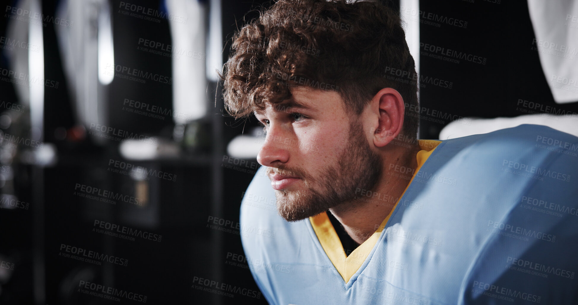 Buy stock photo Thinking, man and football player for sports in locker room for preparation, match strategy and game plan. Athlete, waiting and half time for competition ideas, fitness challenge and tournament event