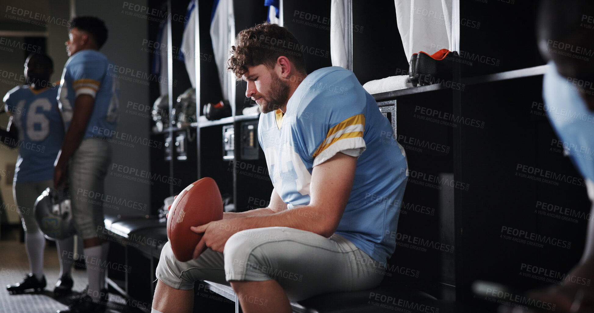 Buy stock photo Thinking, football player and sports with ball in locker room for preparation, match and game plan. Athlete, man and waiting for half time of competition strategy, fitness challenge and tournament 
