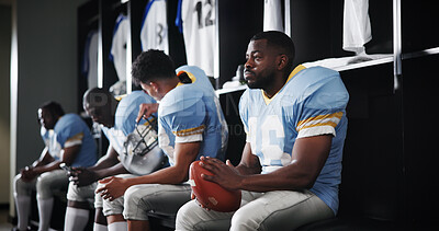 Buy stock photo Thinking, athlete man and sports with ball in locker room for preparation, match and game plan. Football player, waiting and thoughts for half time for competition, fitness challenge and tournament 