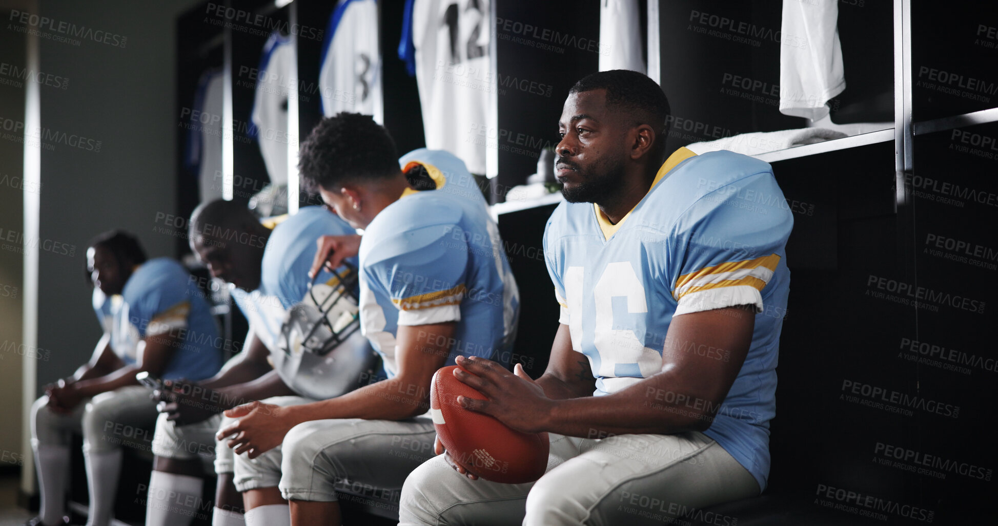 Buy stock photo Thinking, athlete man and sports with ball in locker room for preparation, match and game plan. Football player, waiting and thoughts for half time for competition, fitness challenge and tournament 
