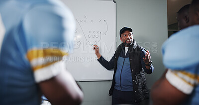 Buy stock photo Whiteboard, team and man with football strategy in locker room for game plan or defense formation. Touchdown tactics, sports coaching and manager with people, match feedback and training analysis