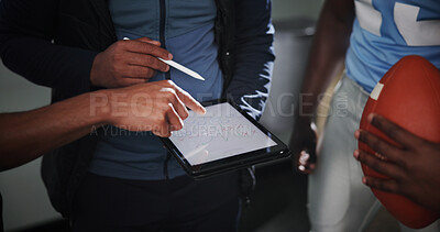 Buy stock photo Tablet screen, coaching and football with hands in locker room for game plan, sports strategy or defense formation. Touchdown tactics, match feedback and discussion with people and training advice
