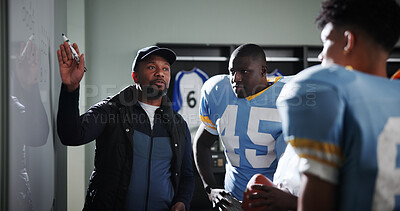Buy stock photo Board, mentor and football with coach and team in locker room for game plan, sports strategy or defense formation. Touchdown tactics, match feedback and discussion with people and training advice