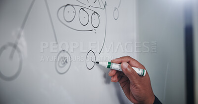 Buy stock photo Hand, whiteboard and game plan for sports, mission or play with coach in locker room for competition. Strategy, tactic and person writing with marker for defense formation or tournament solution
