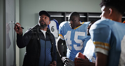 Buy stock photo Board, presentation and football with coach and team in locker room for game plan, sports strategy or defense formation. Touchdown tactics, match feedback and discussion with people and advice