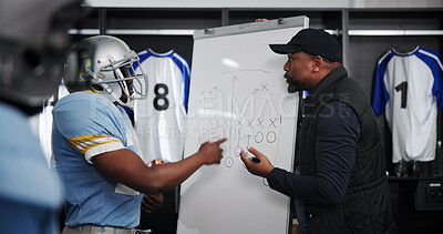 Buy stock photo Board, writing and football with coach and team in locker room for game plan, sports strategy or defense formation. Touchdown tactics, match feedback and discussion with people and training advice
