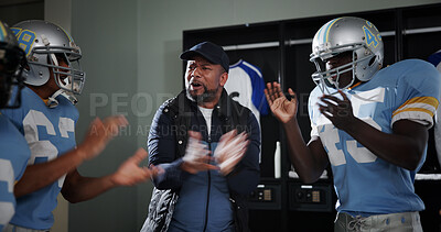 Buy stock photo Applause, support and football with coach and team in locker room for game plan, sports and motivation. Solidarity, match feedback and trust with people and huddle for mentor, success and goals