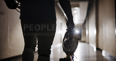 Buy stock photo Hands, active and person with trophy for football success, tournament winner and performance prize. Player, gold award and competition champion for game goal, match achievement and celebration reward