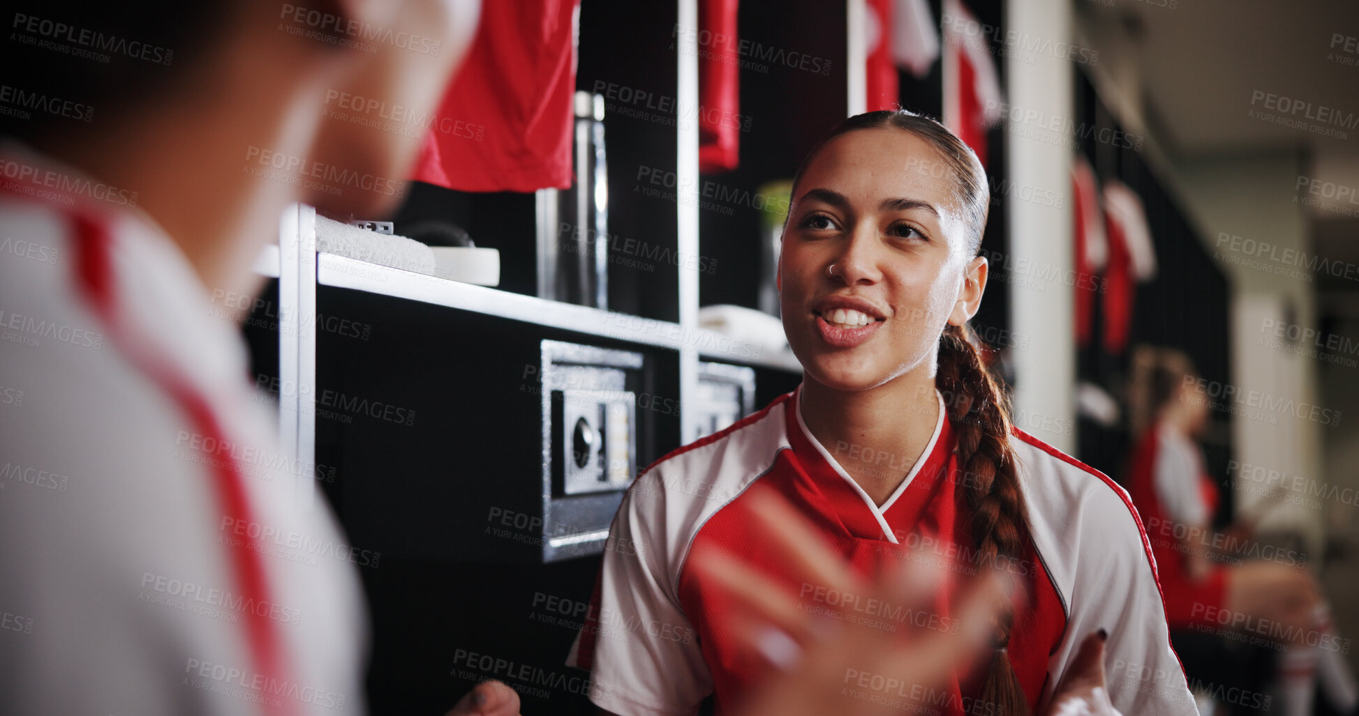 Buy stock photo Happy girl, soccer player and talk with team in locker room for sport, match or game. Female person, friends or social chat with conversation, discussion or ideas for tournament, competition or plan
