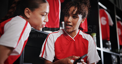 Buy stock photo Sports, team and girls with smartphone, smile and conversation for match on website, watching and online. Locker room, friends and people with mobile for streaming, talking and preparing for game
