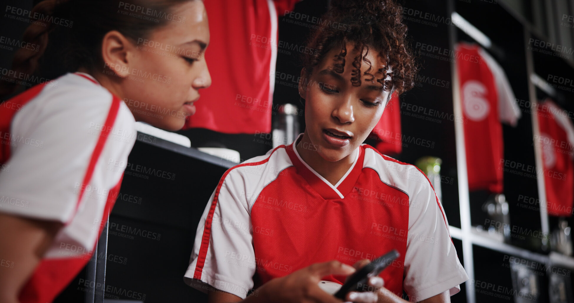 Buy stock photo Online, team and girls with smartphone, gym and conversation for match on website, watching and sports. Locker room, friends and people with mobile for streaming, talking and preparing for game
