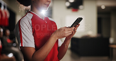 Buy stock photo Sports, soccer and hands of woman with phone in locker room for social media, notification and communication. Athlete, football and person on smartphone for match, training and tournament schedule