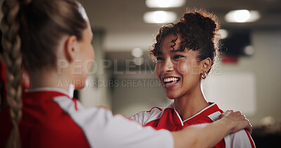 Buy stock photo Happy women, soccer players and teamwork in locker room for conversation, social or chat. Female people, friends or members with smile for sports challenge, match or getting ready for game together