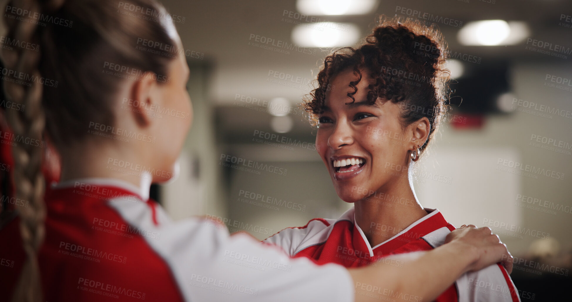 Buy stock photo Happy women, soccer players and teamwork in locker room for conversation, social or chat. Female people, friends or members with smile for sports challenge, match or getting ready for game together
