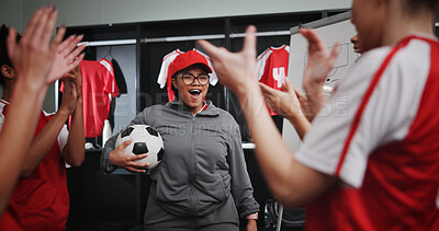 Buy stock photo Women, coach and celebration with soccer team or applause for winning or victory in locker room. Female people, group or sport players clapping with smile for leadership, match or game achievement