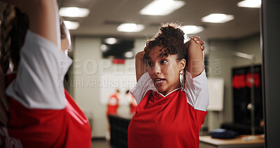 Buy stock photo Sport, soccer and women in locker room for stretching, preparation for match with conversation and warm up. Football player, team and people ready for tournament, competition and fitness with chat