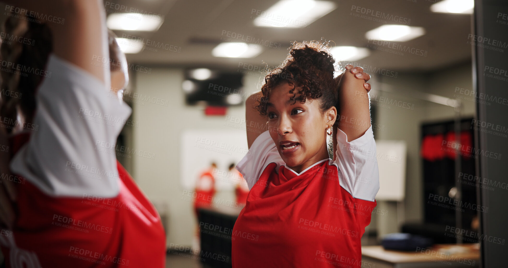 Buy stock photo Sport, soccer and women in locker room for stretching, preparation for match with conversation and warm up. Football player, team and people ready for tournament, competition and fitness with chat