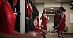 Sport, soccer and women in locker room with coach,  preparation for match or break with talking and warm up. Football player, team and people ready for tournament, competition and fitness with chat