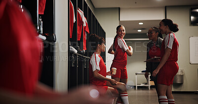Buy stock photo Sport, soccer and women in locker room with coach,  preparation for match or break with talking and warm up. Football player, team and people ready for tournament, competition and fitness with chat