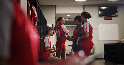 Buy stock photo Team, soccer and women in locker room with coach,  preparation for match or break with talking and warm up. Football player, sport and clipboard for fitness check, tournament, competition and chat