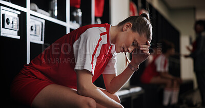Buy stock photo Frustrated girl, soccer player or mistake with stress in locker room for loss, pain or headache. Female person, sport or migraine with sore ache, fatigue or burnout for bad game, defeat or depression