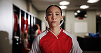 Locker room, woman or soccer player in portrait for sports, match competition or tournament. Serious, development or girl in changing area ready for football game, challenge or playing in contest