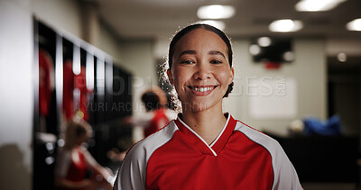 Buy stock photo Locker room, happy girl or soccer player in portrait for sports, match competition or tournament. Start, fitness or woman in changing area ready for football game, challenge or playing in contest
