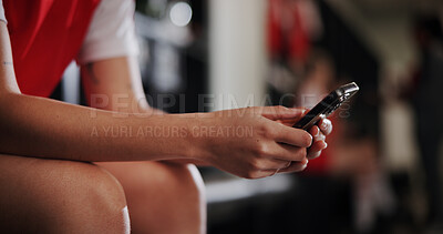 Buy stock photo Athlete, soccer and hands with phone in locker room for social media, contact and communication. Sports, football and closeup of person on smartphone for match, training and tournament schedule