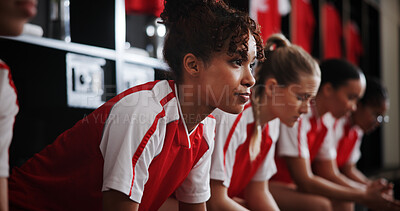 Buy stock photo Fitness, rest and soccer with team in locker room,  competition and tournament with wonder. Players, uniform and women with football, together for mission and start with break, decision and thinking
