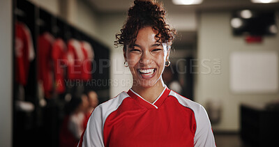 Buy stock photo Happy girl, portrait and soccer player in locker room for game, match preparation or professional sport. Face, female person or athlete with smile for football tournament, competition or challenge