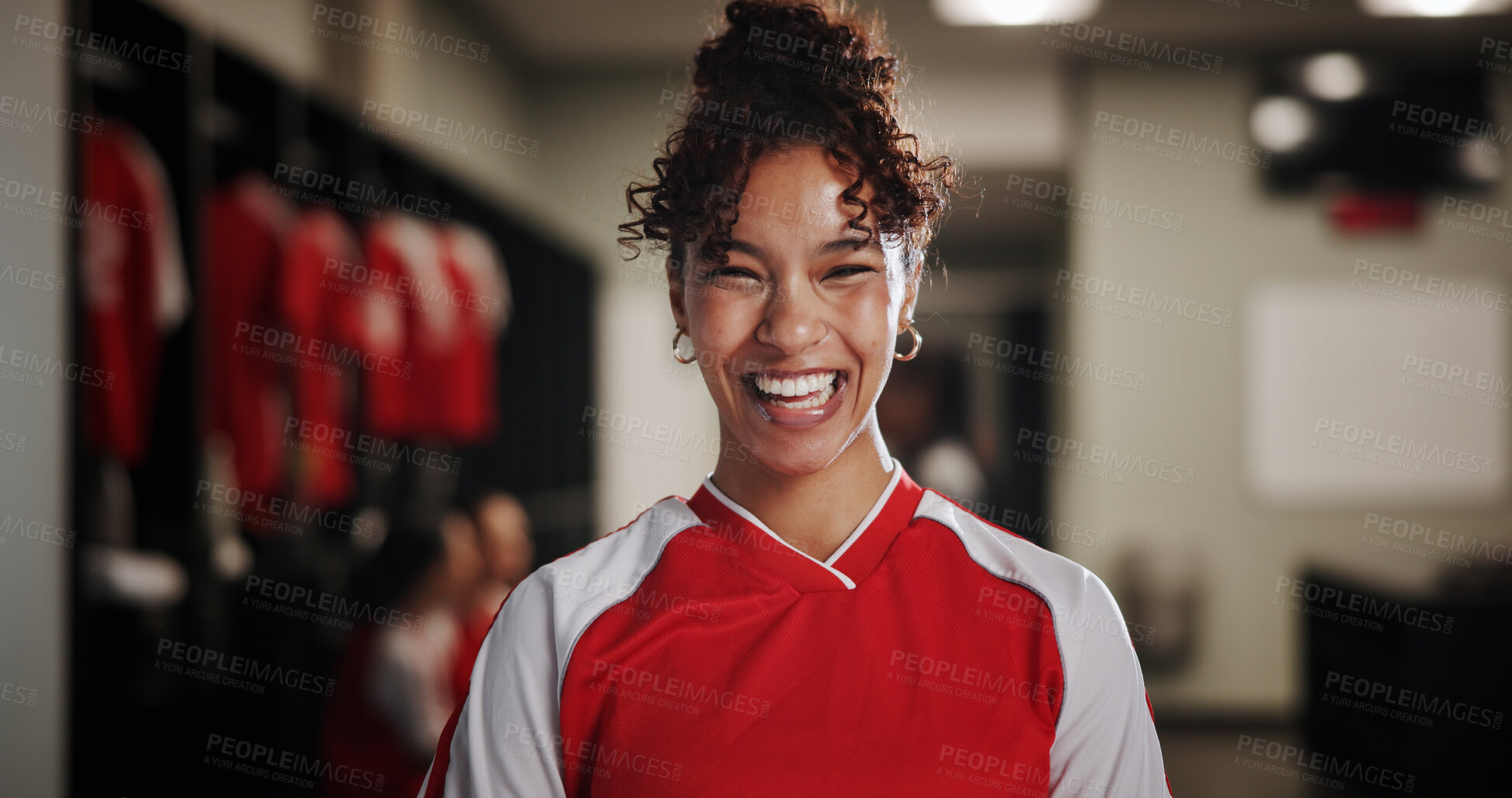 Buy stock photo Happy girl, portrait and soccer player in locker room for game, match preparation or professional sport. Face, female person or athlete with smile for football tournament, competition or challenge