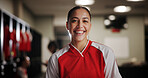 Happy girl, portrait and soccer player in locker room for professional sport, game or match preparation. Face, female person or athlete with smile for football tournament, competition or challenge