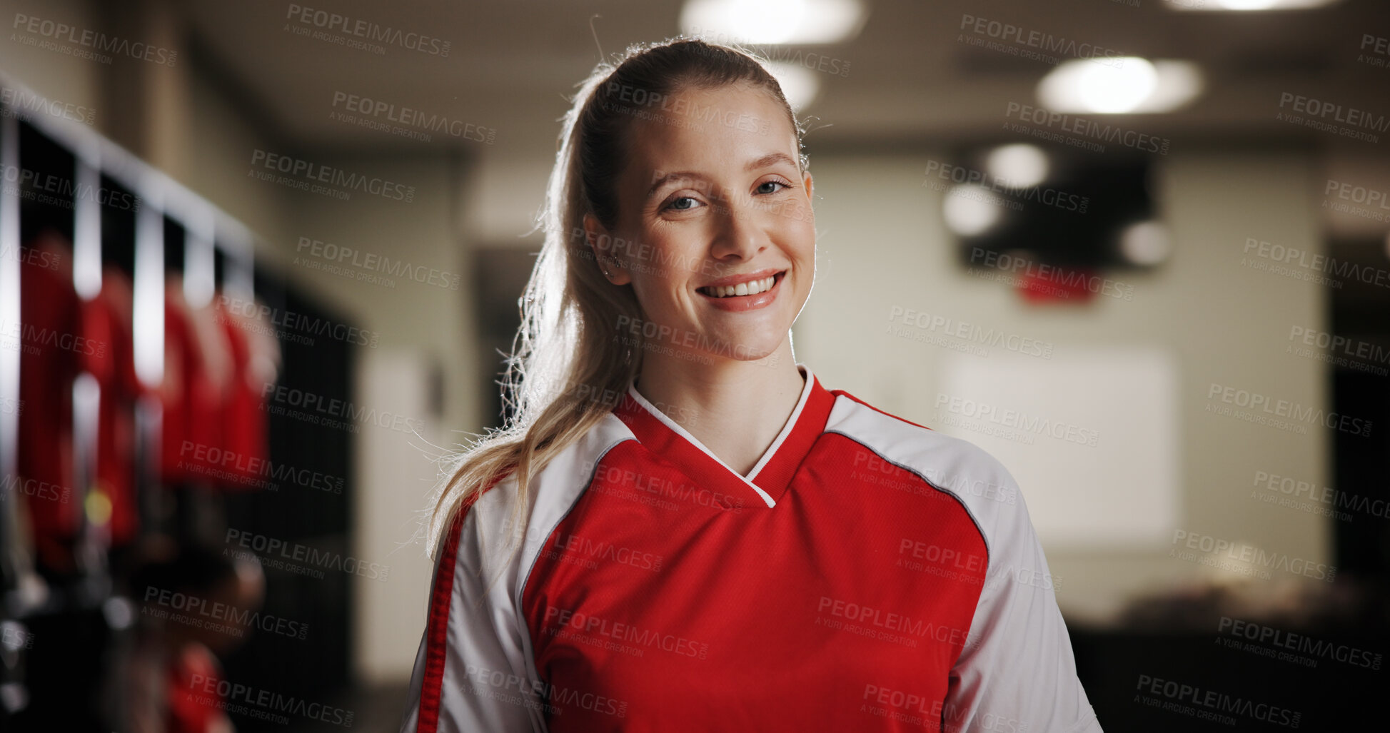 Buy stock photo Locker room, happy woman or soccer player in portrait for sports, match competition or tournament. Start, development or girl in changing area ready for football game, challenge or playing in contest