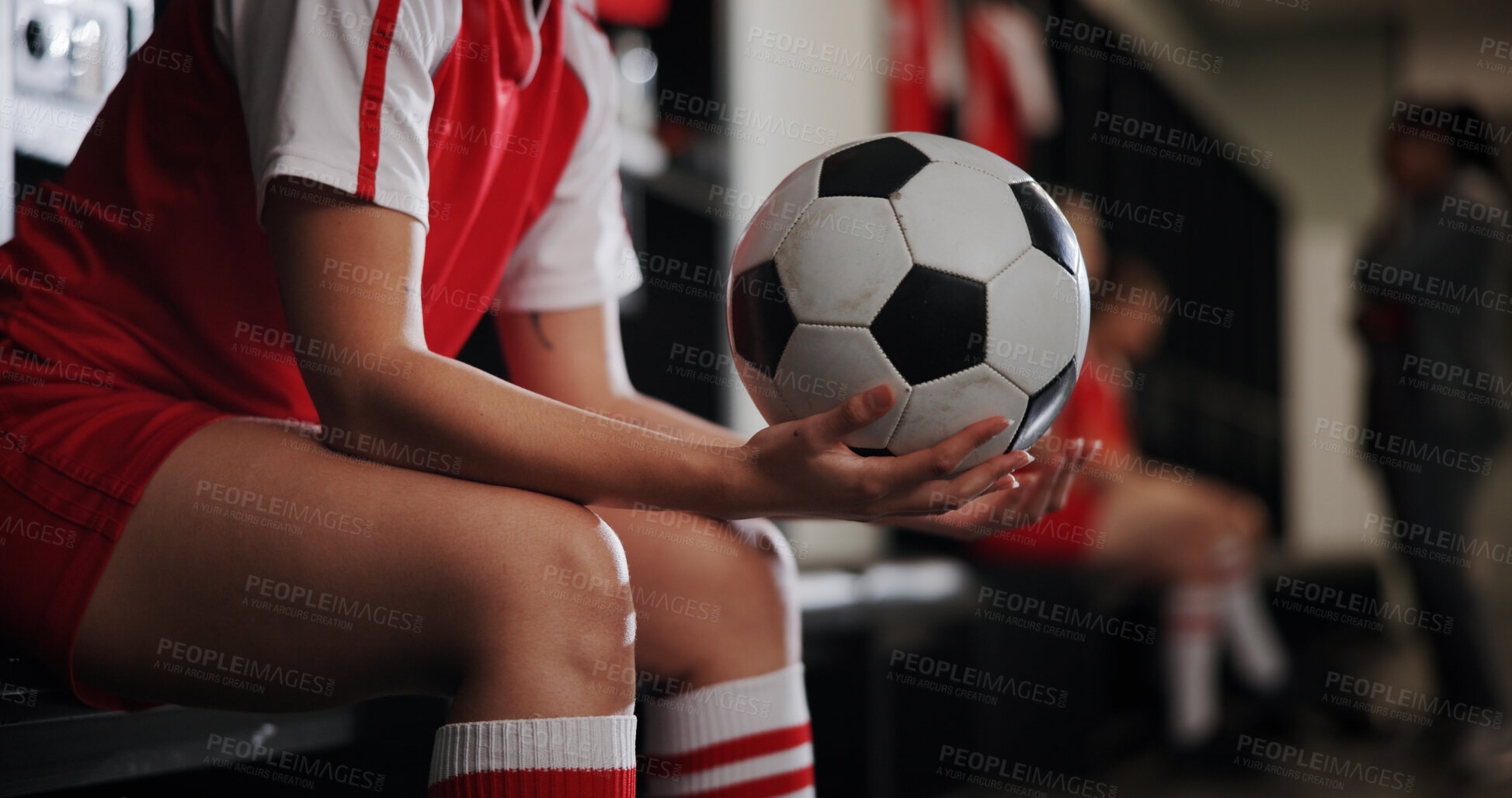 Buy stock photo Locker room, hands and soccer player with ball for sports, match competition and tournament. Start, development and person in changing area ready for football game, challenge or playing in contest