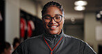 Happy woman, portrait and coach with soccer team for leadership or sport coordinator in locker room. Female person, football trainer or manager with smile or glasses for game, match or competition