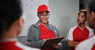 Buy stock photo Women, coach and soccer team with clipboard for game plan, strategy or meeting together. Female people, trainer or coordinator talking to group of professional sport players for match or formation
